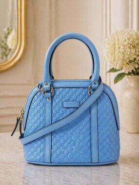 Authentic Gucci Microguccissima Dome Satchel Blue Leather Crossbody | Luxury